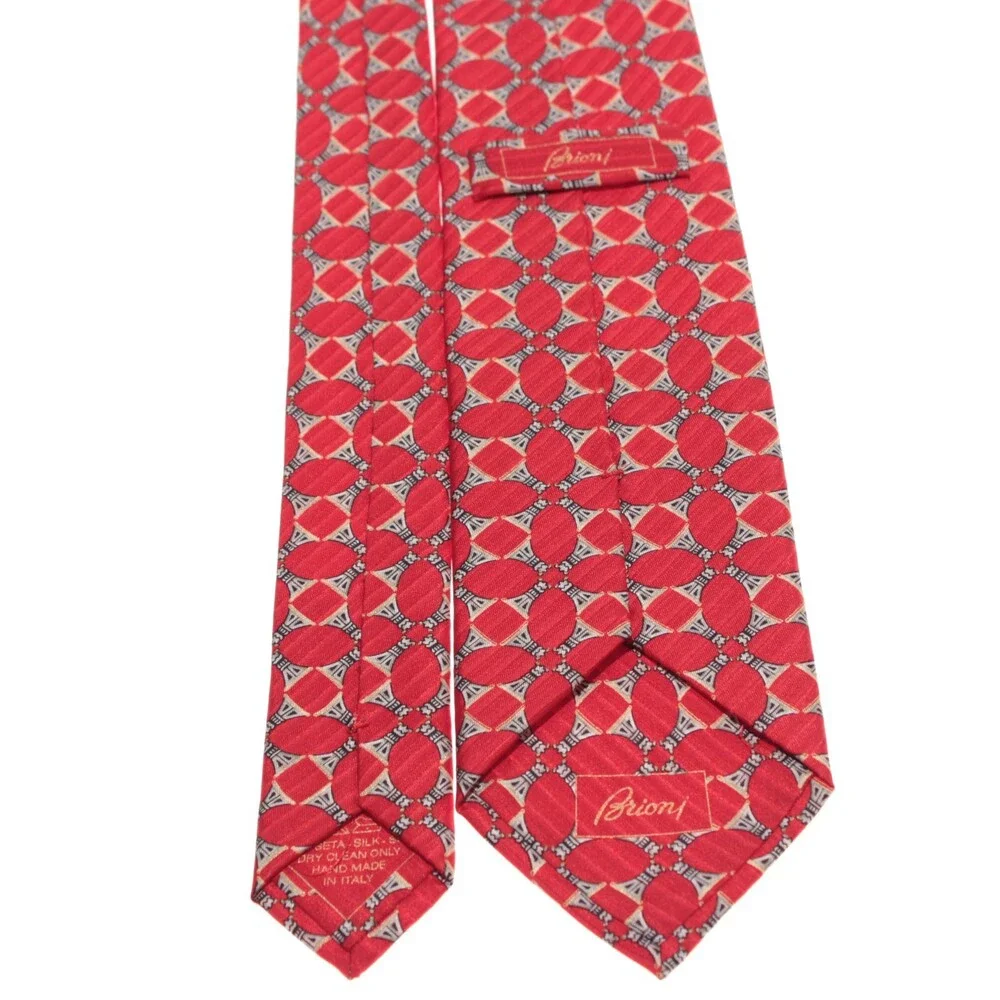 Brioni NWOT Neck Tie in Red / Beige / Black Geometric Print 100% Silk